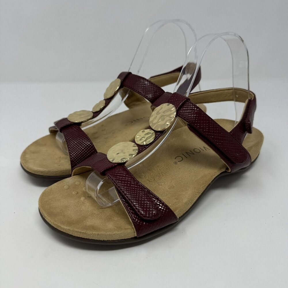 Vionic Sandals Womens 7 M Farra Strappy Slingback Lizard Burgundy Faux Leather